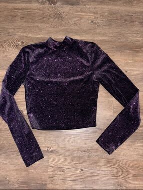 Purple Sparkle Velvet Mock Neck Long Sleeve Top